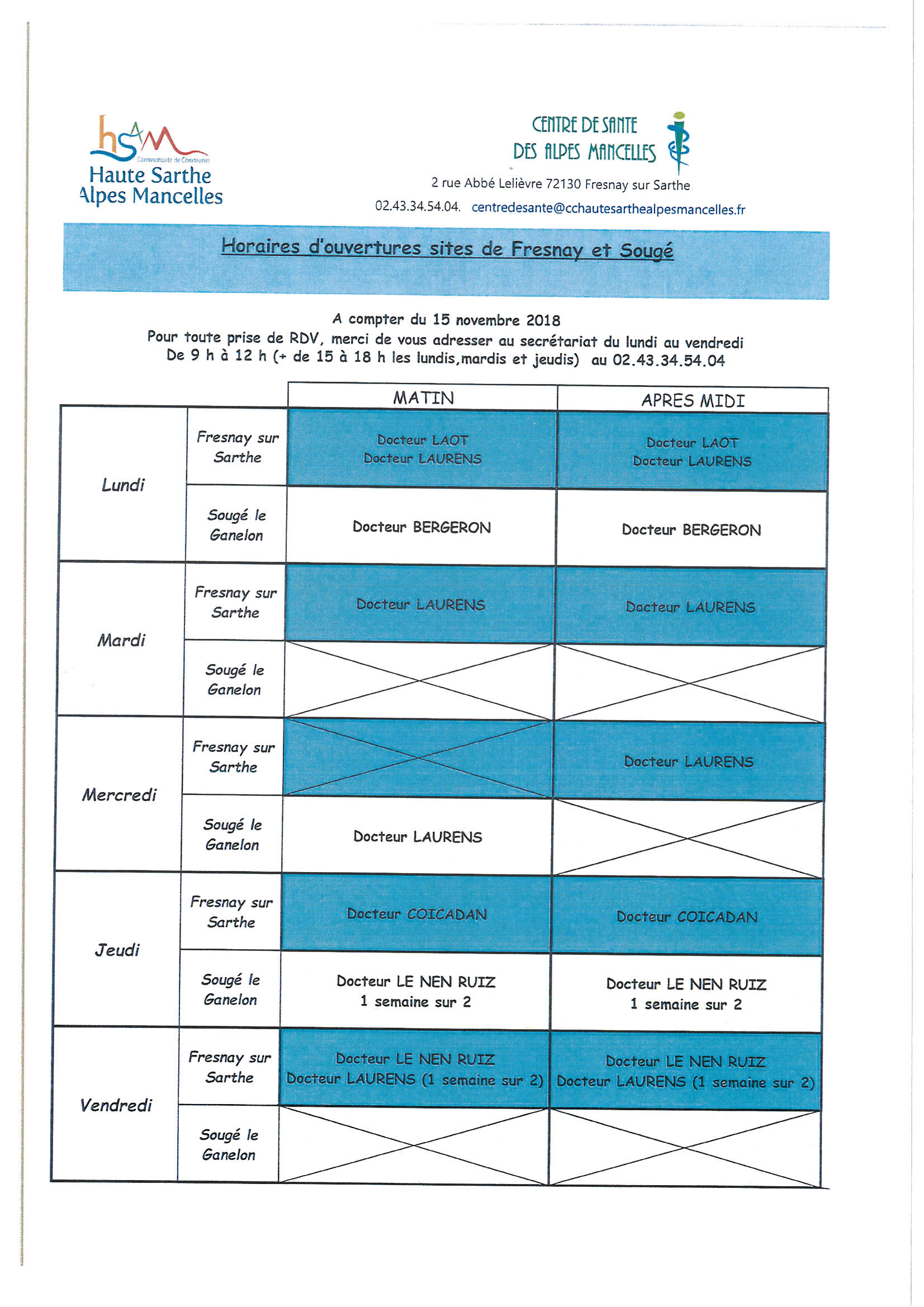 Maison médicale sites de Fresnay et Sougé :  nouveaux horaires au 15.11.2018