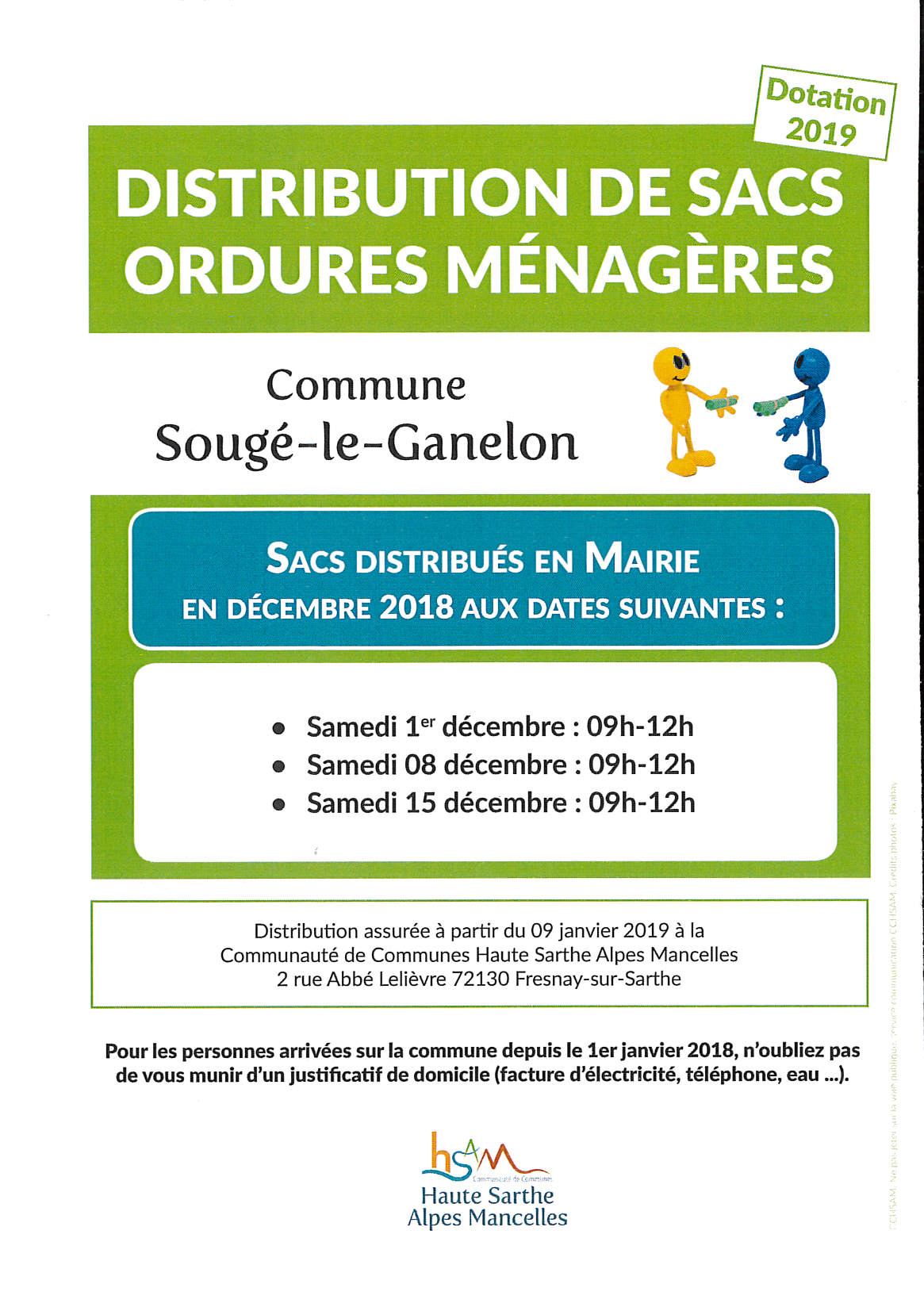 Distribution de sacs ordures ménagères-Dotation 2019